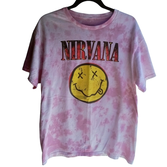 NIRVANA Pink Tie-Dye Yellow Smiley Face Short Sleeve Tee Size Large - Picture 1 of 4